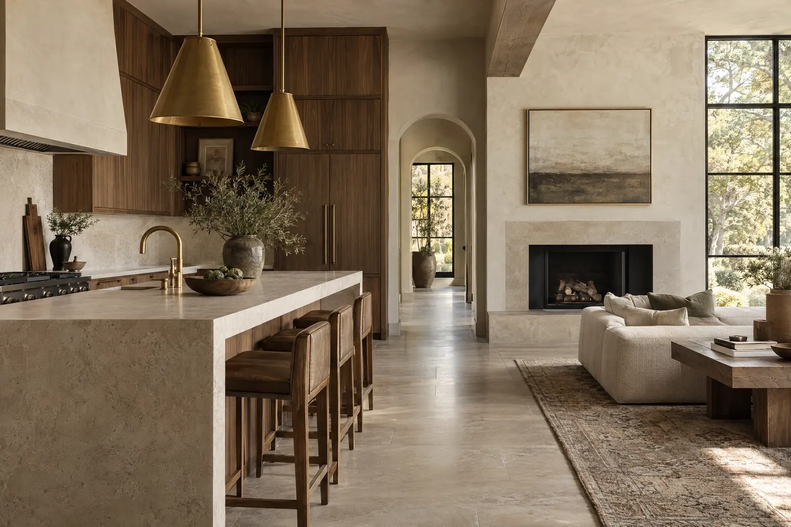Atmospheric finished kitchen interior in warm natural materials; not a Royale project photo